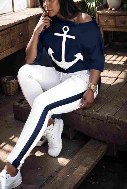 anchor print v neck long sleeve t shirt trousers two piece suit 144348