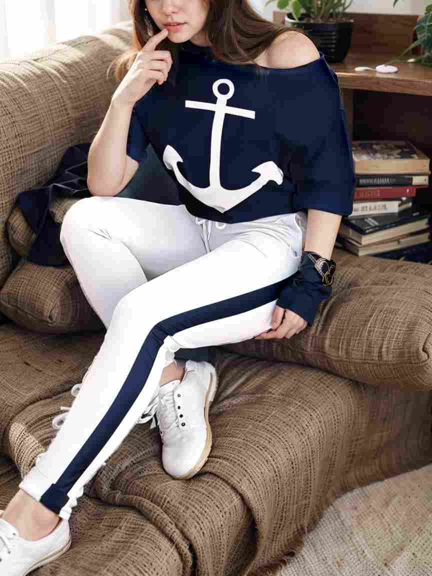 anchor print v neck long sleeve t shirt trousers two piece suit 139852