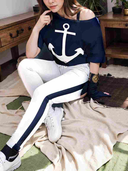 anchor print v neck long sleeve t shirt trousers two piece suit 123897