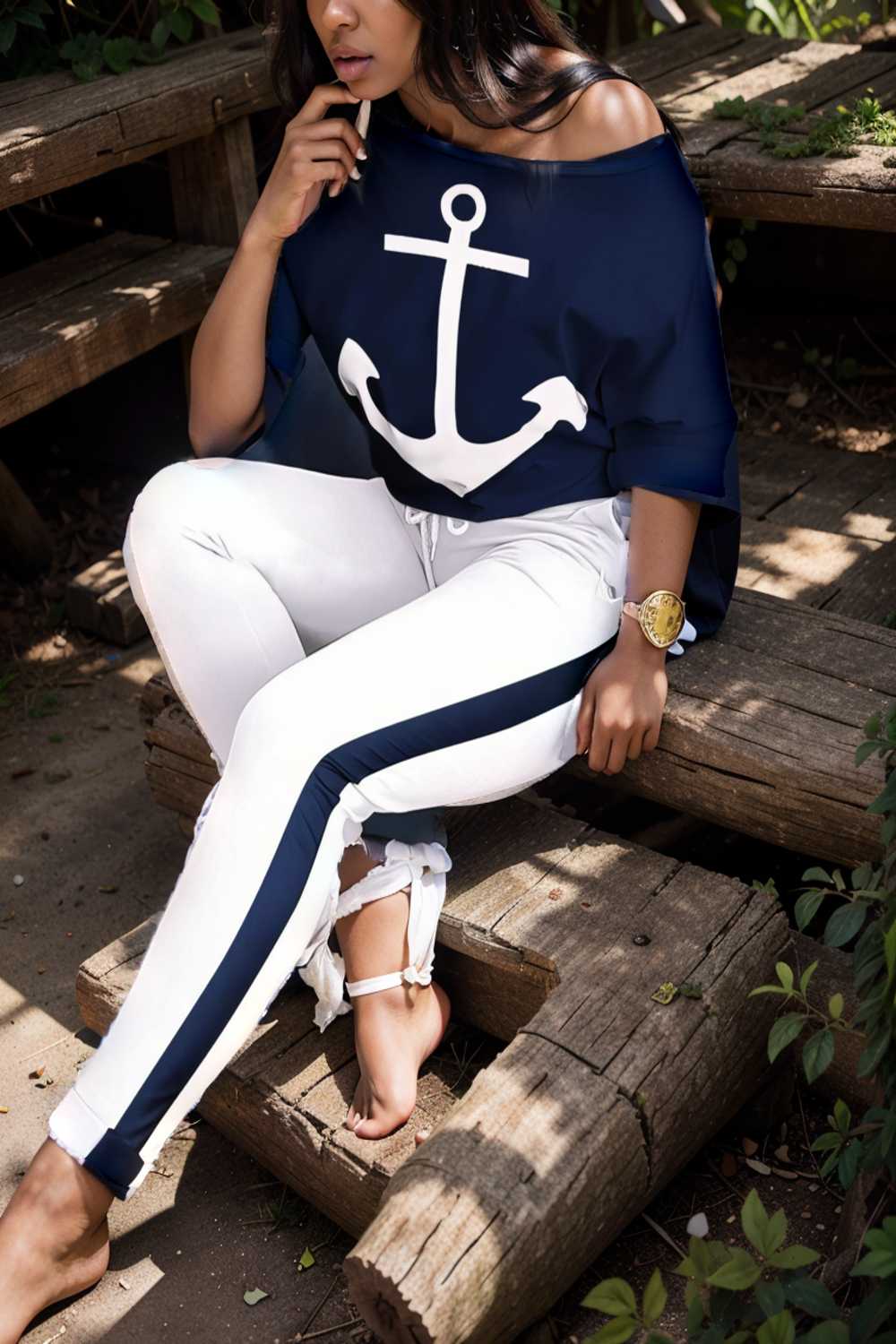 anchor print v neck long sleeve t shirt trousers two piece suit 107495