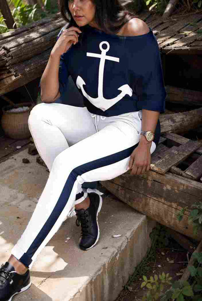 anchor print v neck long sleeve t shirt trousers two piece suit 137294