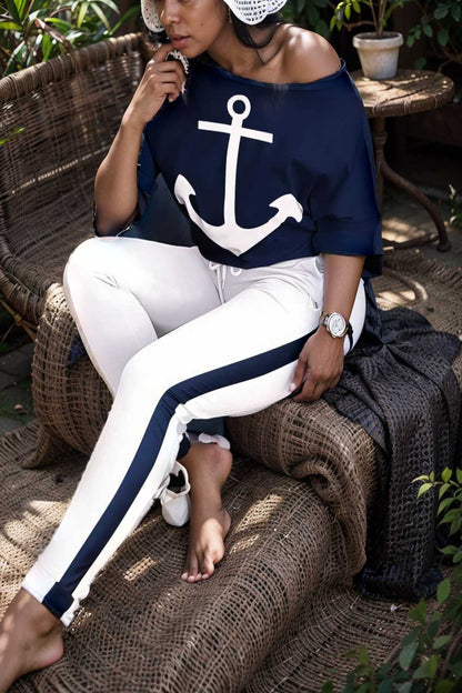 anchor print v neck long sleeve t shirt trousers two piece suit 111799