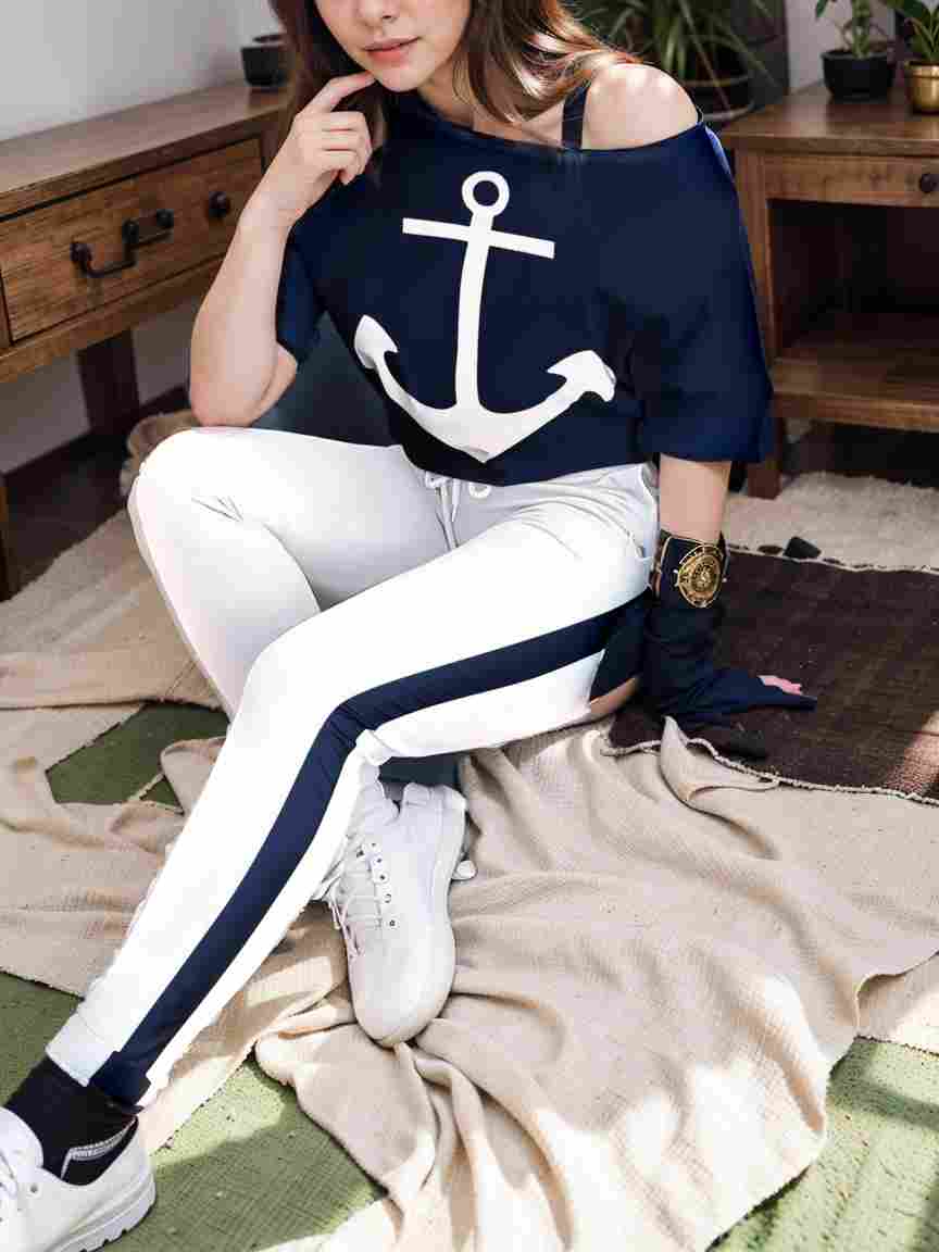 anchor print v neck long sleeve t shirt trousers two piece suit 100968