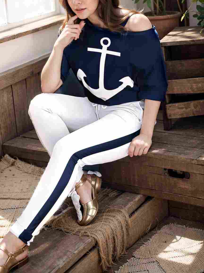 anchor print v neck long sleeve t shirt trousers two piece suit 108221