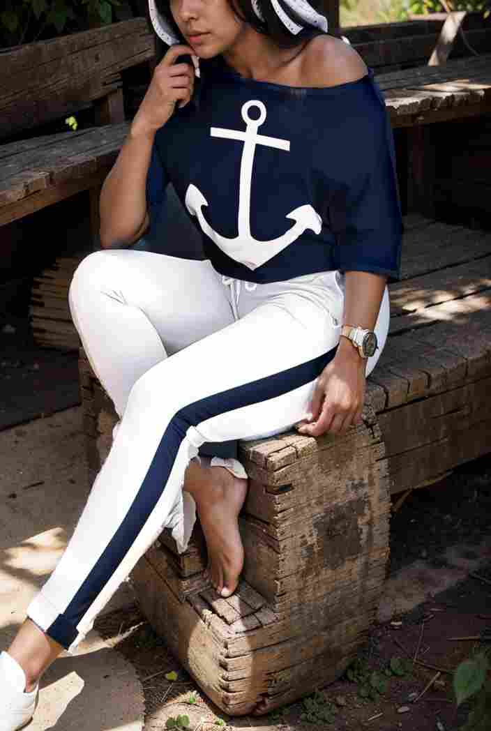 anchor print v neck long sleeve t shirt trousers two piece suit 106902