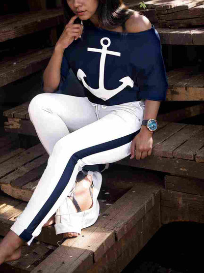 anchor print v neck long sleeve t shirt trousers two piece suit 147010