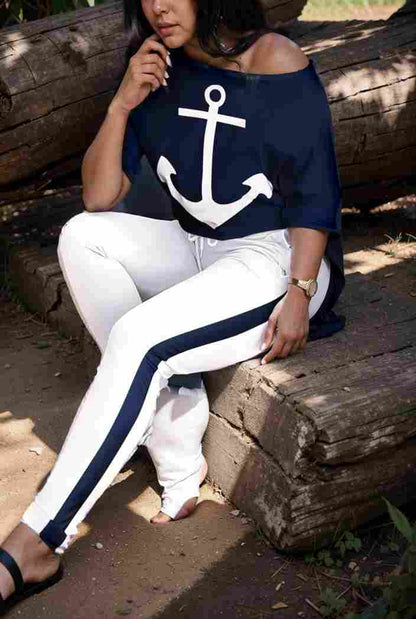 anchor print v neck long sleeve t shirt trousers two piece suit 104238