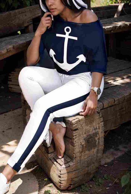 anchor print v neck long sleeve t shirt trousers two piece suit 132999