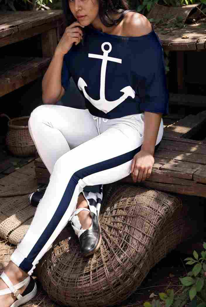 anchor print v neck long sleeve t shirt trousers two piece suit 109797