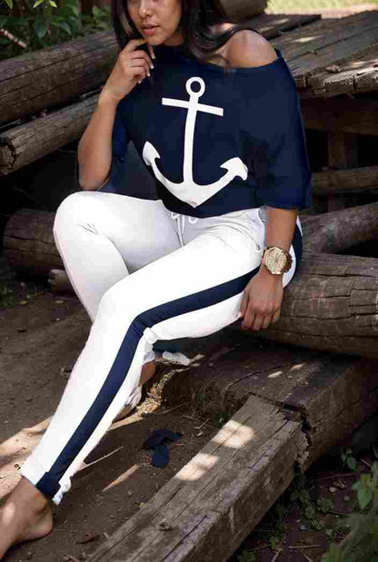 anchor print v neck long sleeve t shirt trousers two piece suit 148426