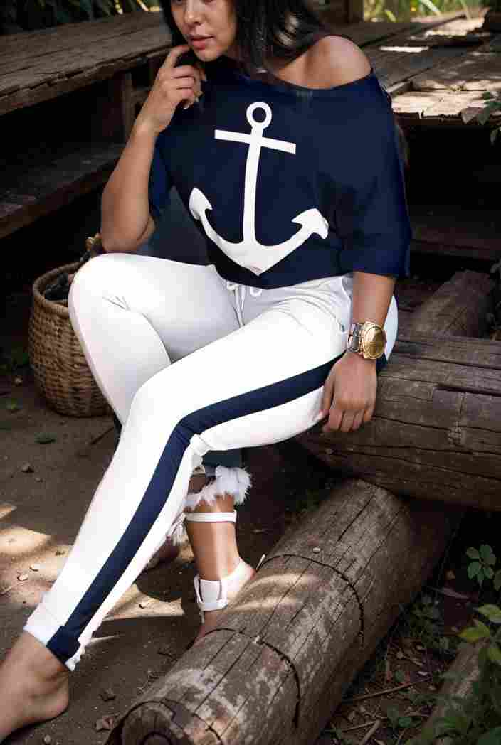 anchor print v neck long sleeve t shirt trousers two piece suit 114932