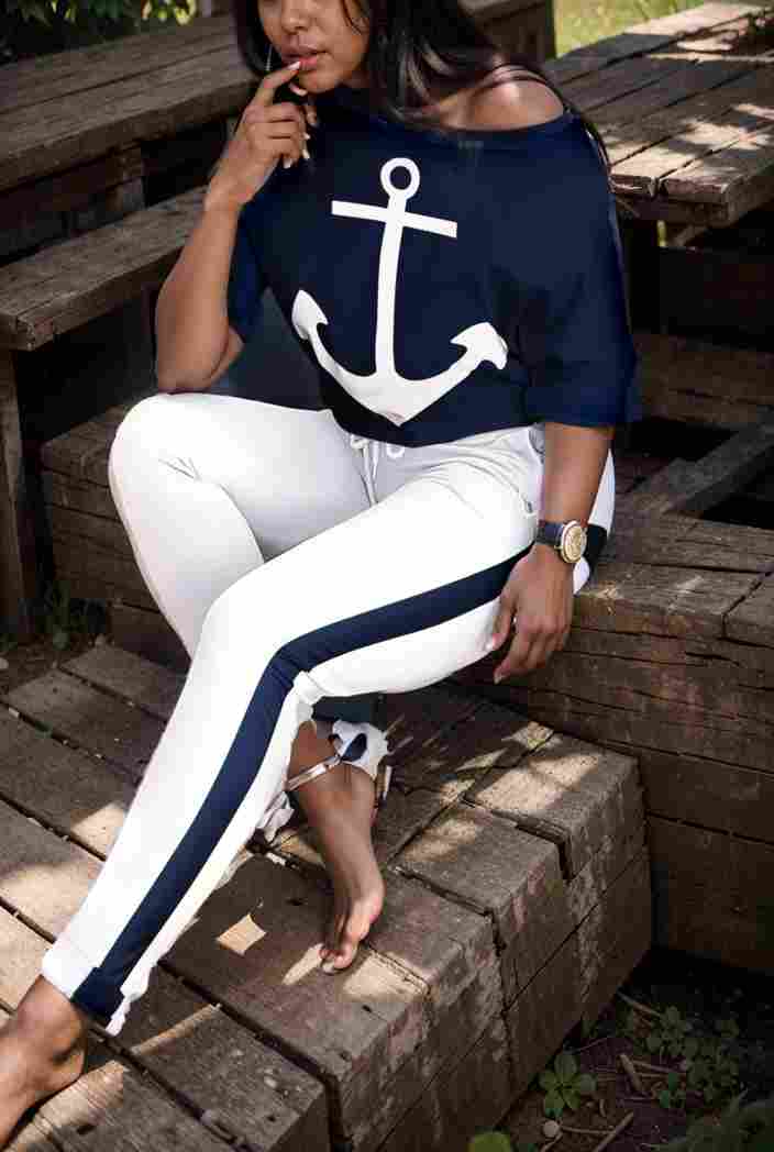 anchor print v neck long sleeve t shirt trousers two piece suit 106903