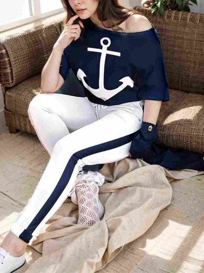 anchor print v neck long sleeve t shirt trousers two piece suit 103985