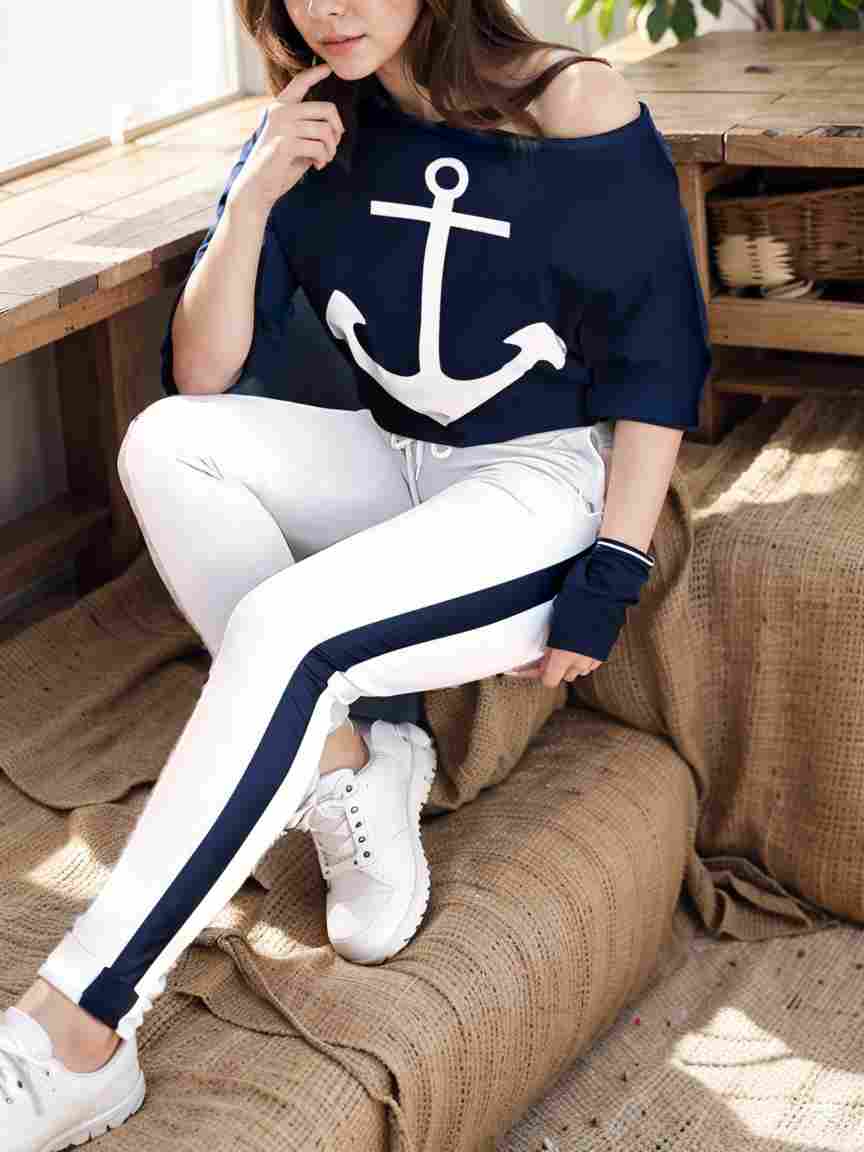 anchor print v neck long sleeve t shirt trousers two piece suit 115059