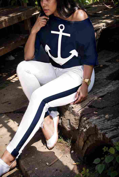 anchor print v neck long sleeve t shirt trousers two piece suit 103752