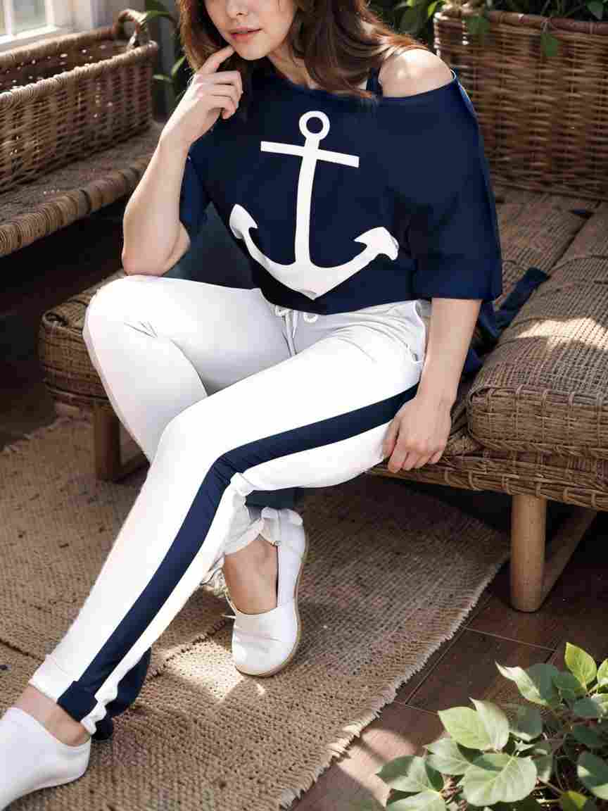 anchor print v neck long sleeve t shirt trousers two piece suit 149207