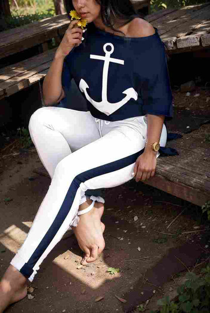 anchor print v neck long sleeve t shirt trousers two piece suit 131240