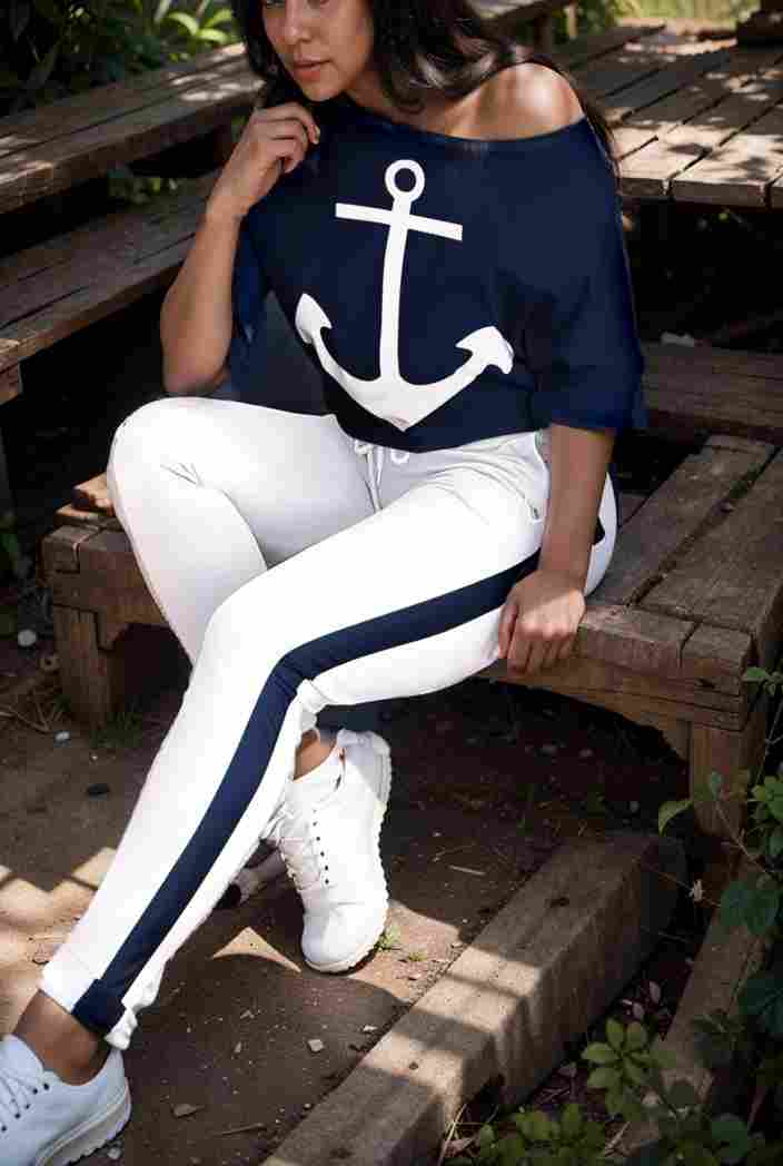 anchor print v neck long sleeve t shirt trousers two piece suit 138083