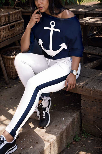 anchor print v neck long sleeve t shirt trousers two piece suit 129364