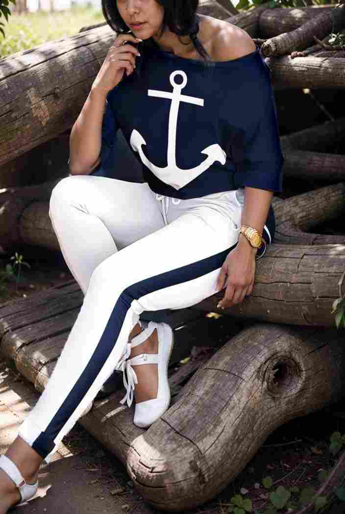 anchor print v neck long sleeve t shirt trousers two piece suit 115591