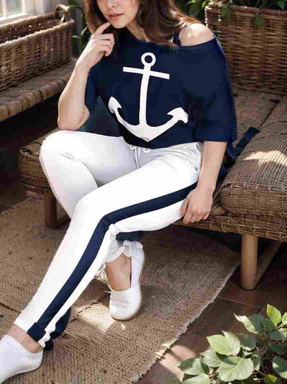 anchor print v neck long sleeve t shirt trousers two piece suit 128200