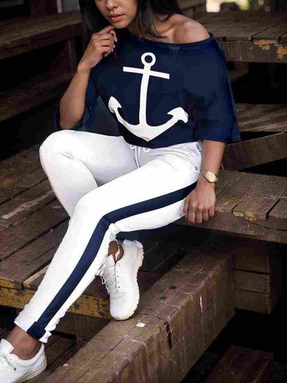 anchor print v neck long sleeve t shirt trousers two piece suit 135270