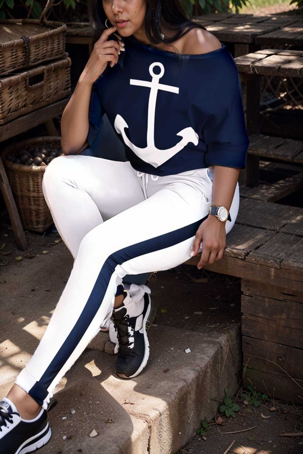 anchor print v neck long sleeve t shirt trousers two piece suit 134139