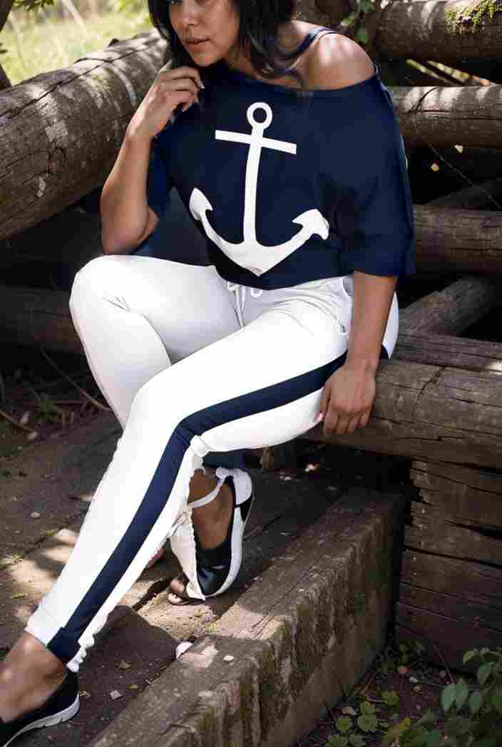 anchor print v neck long sleeve t shirt trousers two piece suit 137011