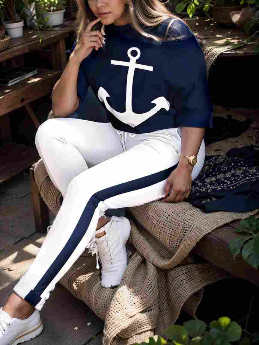 anchor print v neck long sleeve t shirt trousers two piece suit 109623