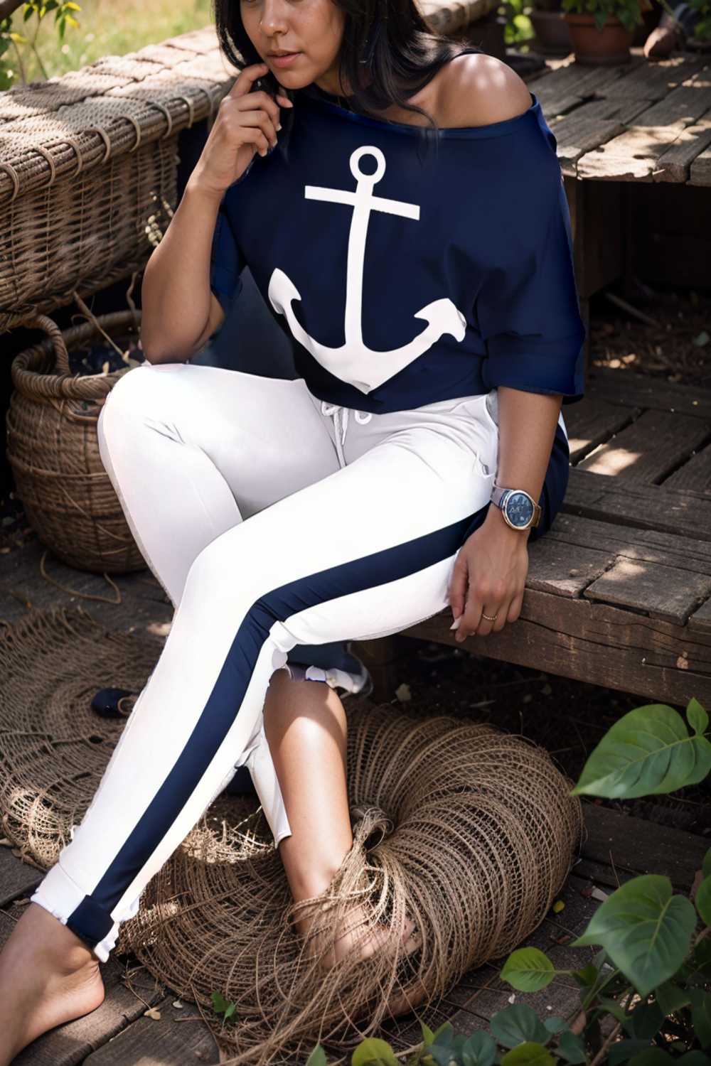 anchor print v neck long sleeve t shirt trousers two piece suit 118928