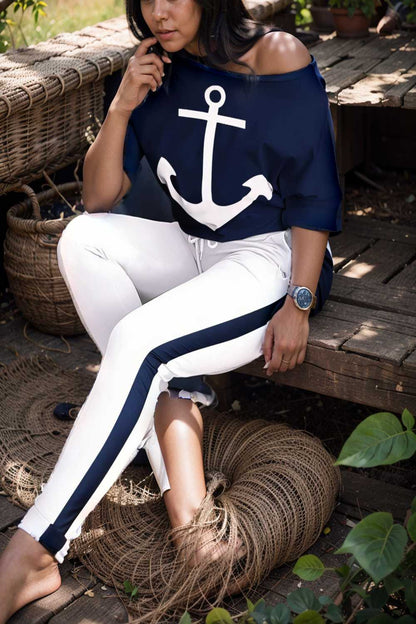 anchor print v neck long sleeve t shirt trousers two piece suit 118928