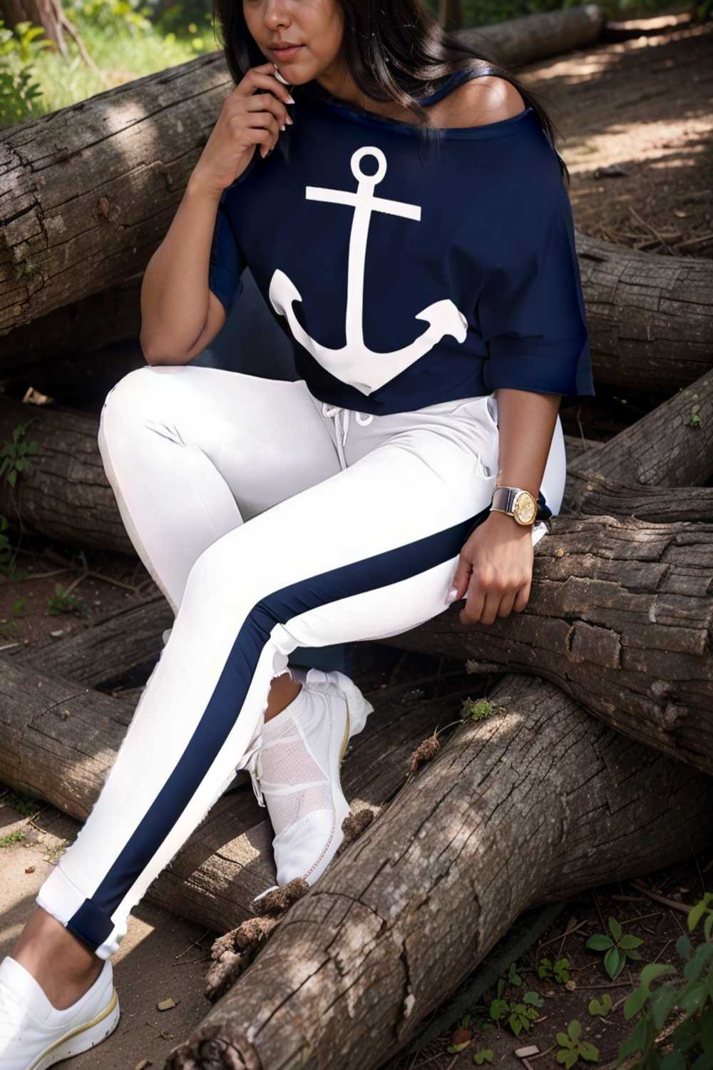 anchor print v neck long sleeve t shirt trousers two piece suit 104795