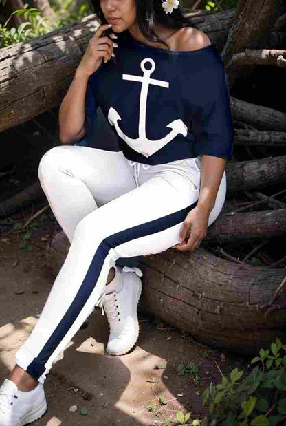 anchor print v neck long sleeve t shirt trousers two piece suit 100028