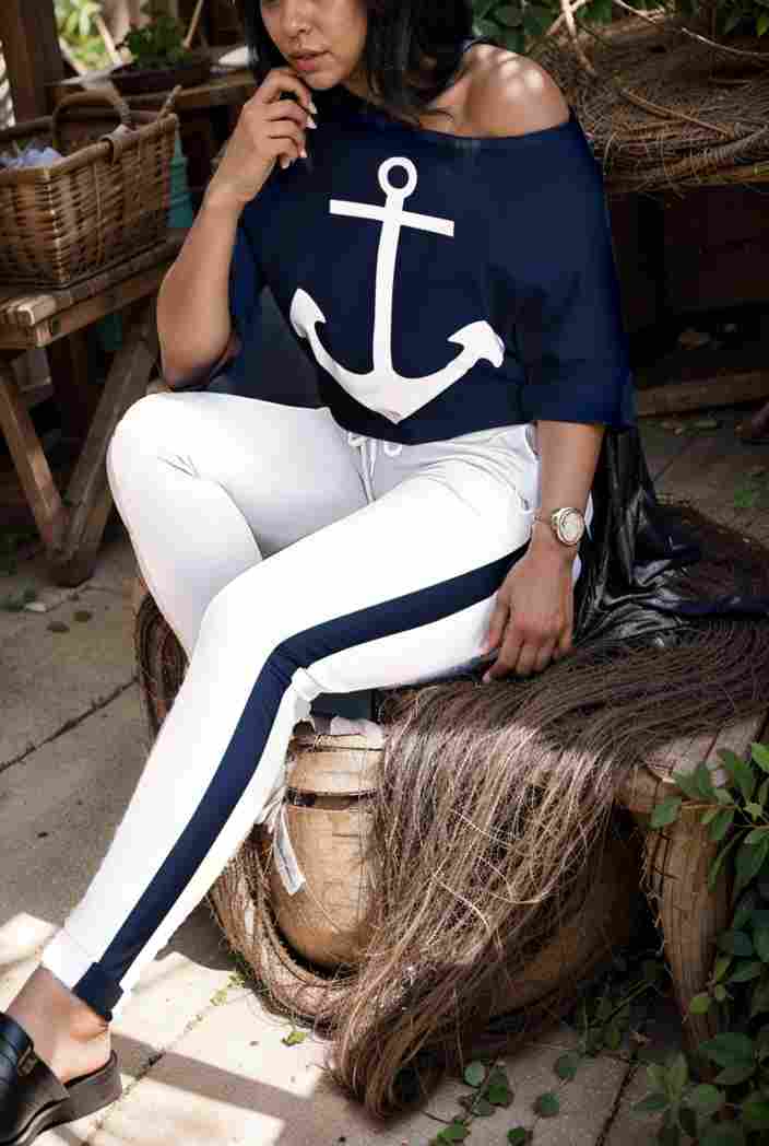 anchor print v neck long sleeve t shirt trousers two piece suit 108919