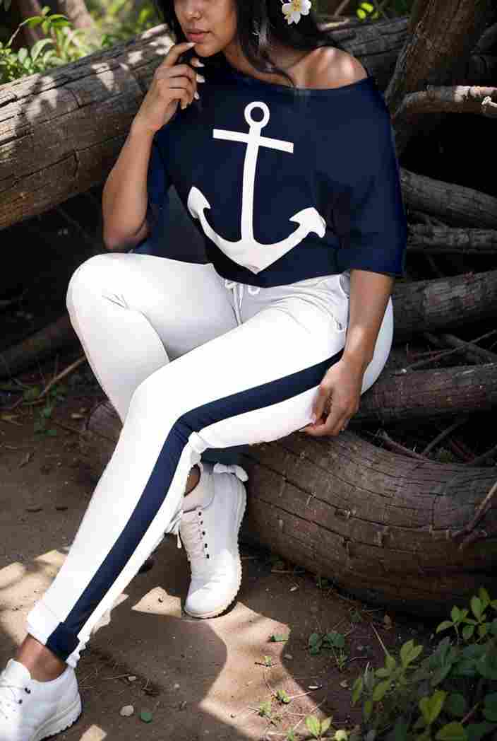 anchor print v neck long sleeve t shirt trousers two piece suit 133708