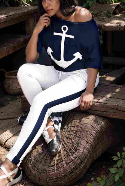 anchor print v neck long sleeve t shirt trousers two piece suit 148581