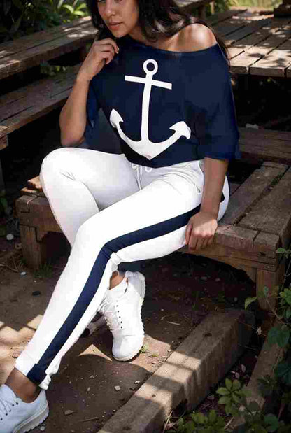 anchor print v neck long sleeve t shirt trousers two piece suit 129040