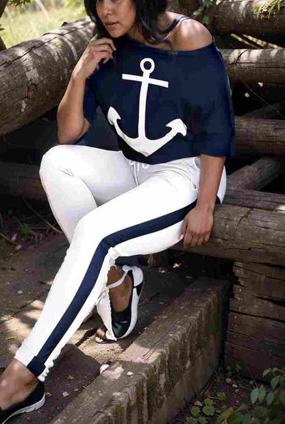 anchor print v neck long sleeve t shirt trousers two piece suit 143483