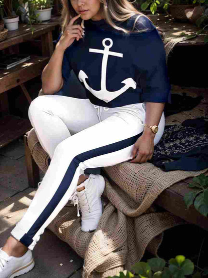 anchor print v neck long sleeve t shirt trousers two piece suit 100254