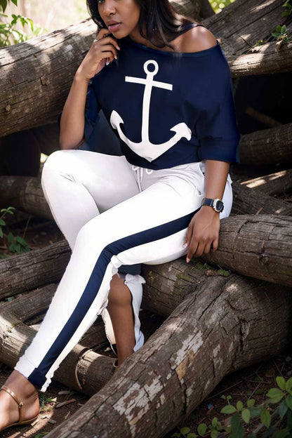 anchor print v neck long sleeve t shirt trousers two piece suit 107494