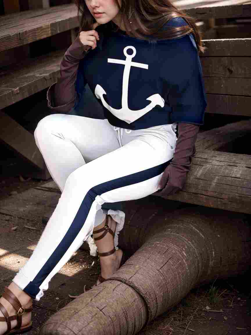 anchor print v neck long sleeve t shirt trousers two piece suit 103514