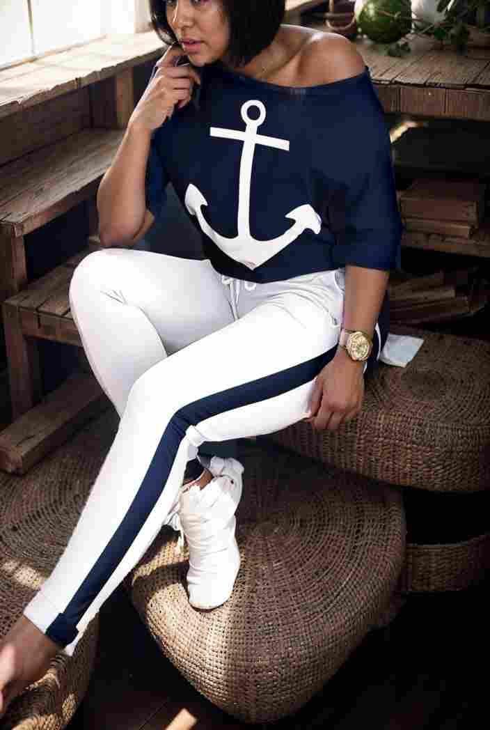 anchor print v neck long sleeve t shirt trousers two piece suit 137110