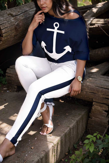 anchor print v neck long sleeve t shirt trousers two piece suit 138913