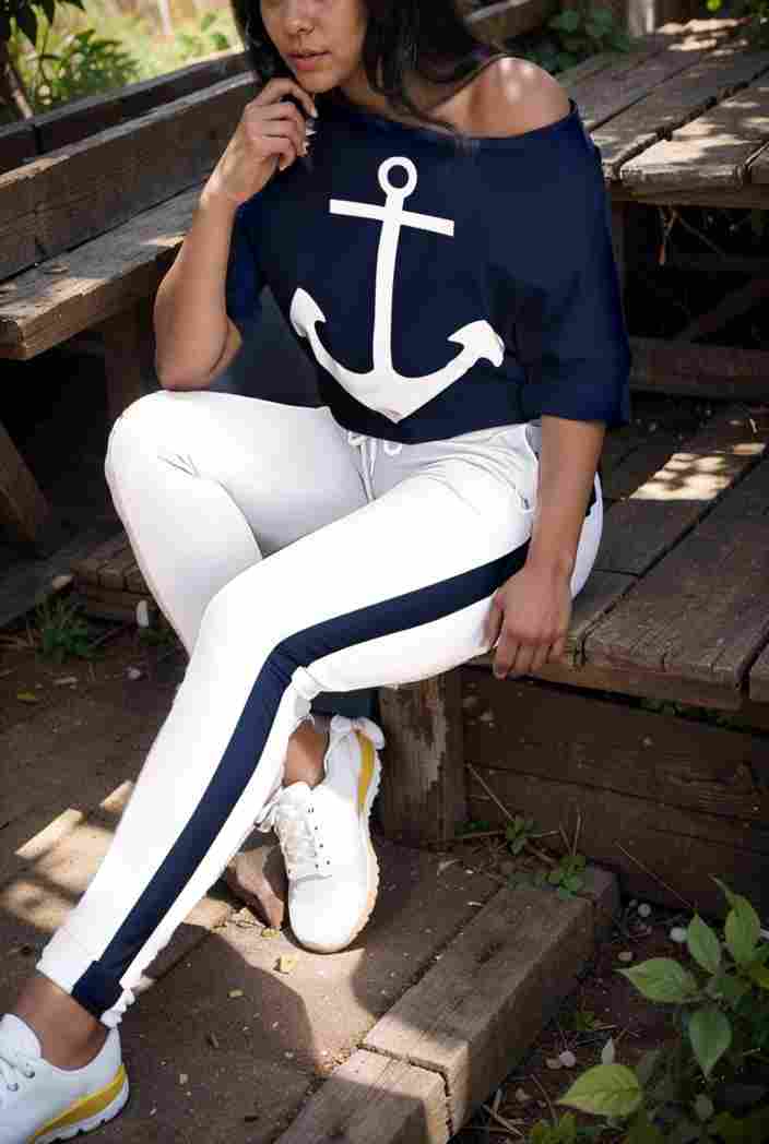 anchor print v neck long sleeve t shirt trousers two piece suit 147560