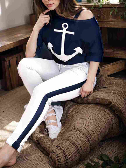 anchor print v neck long sleeve t shirt trousers two piece suit 100026