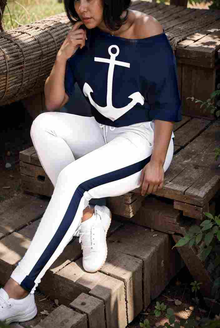 anchor print v neck long sleeve t shirt trousers two piece suit 114798