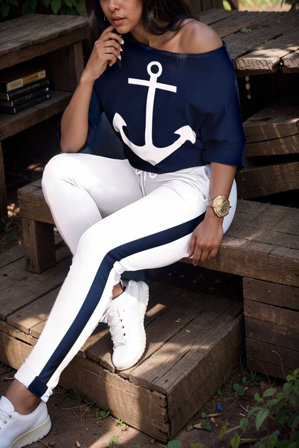 anchor print v neck long sleeve t shirt trousers two piece suit 129230