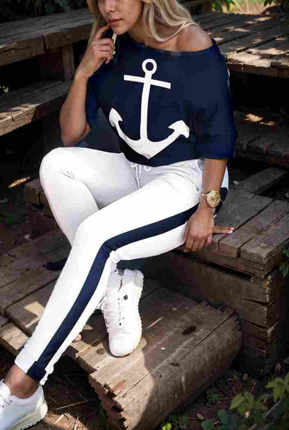 anchor print v neck long sleeve t shirt trousers two piece suit 128817