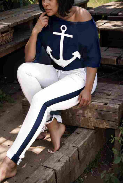 anchor print v neck long sleeve t shirt trousers two piece suit 100071