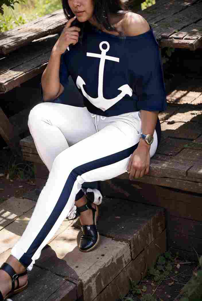 anchor print v neck long sleeve t shirt trousers two piece suit 104240